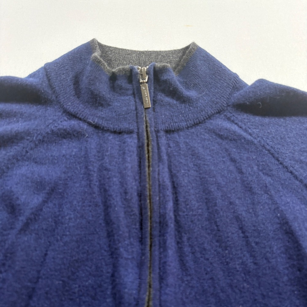 Jeremy Argyle Full Zip Sweater Mens Large Navy Blue 100% Merino Wool Mock Neck